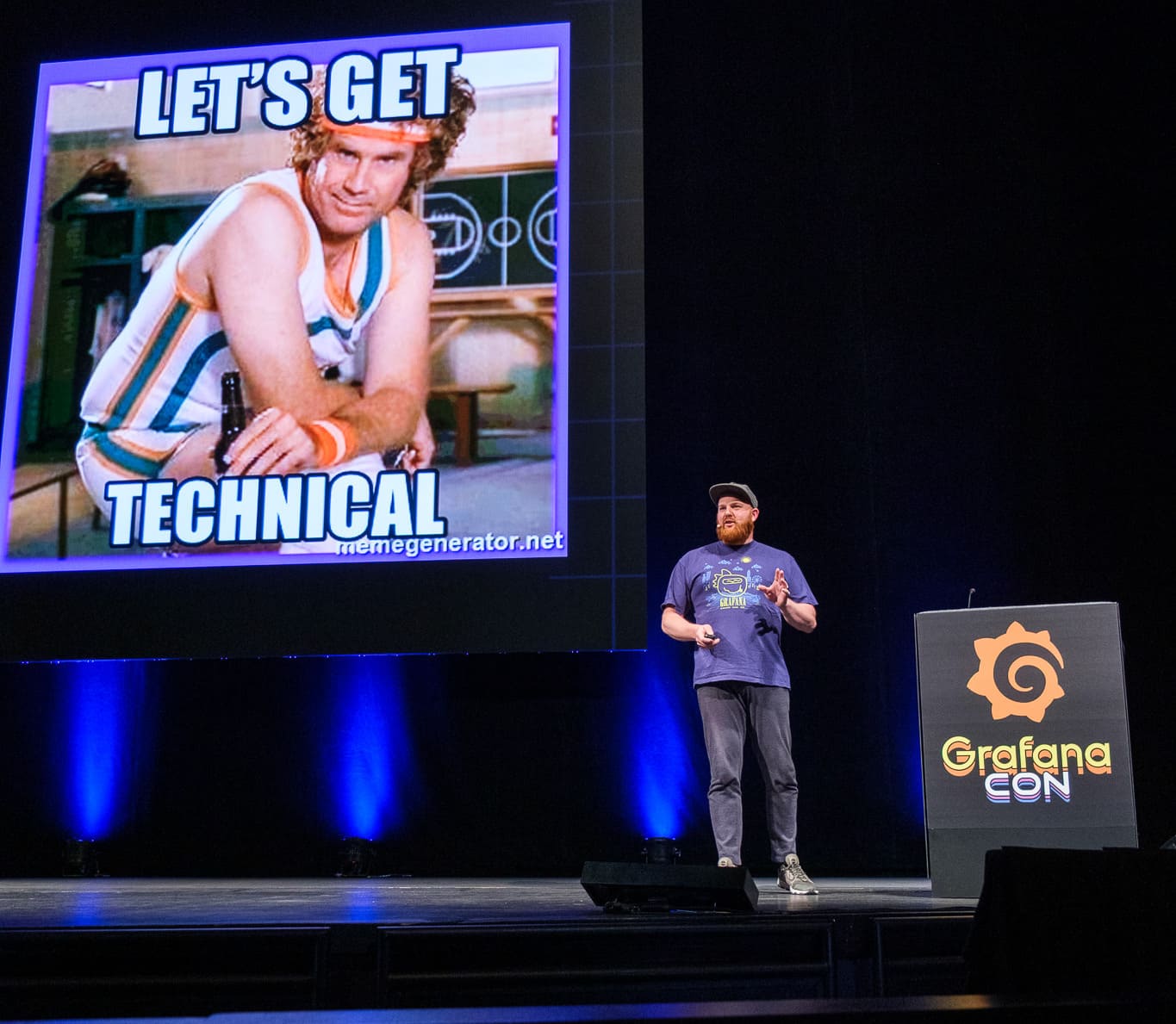 Gerard speaking on stage at GrafanaCon